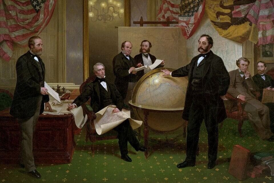 Historical illustration of the Alaska Purchase signing ceremony, March 30, 1867
