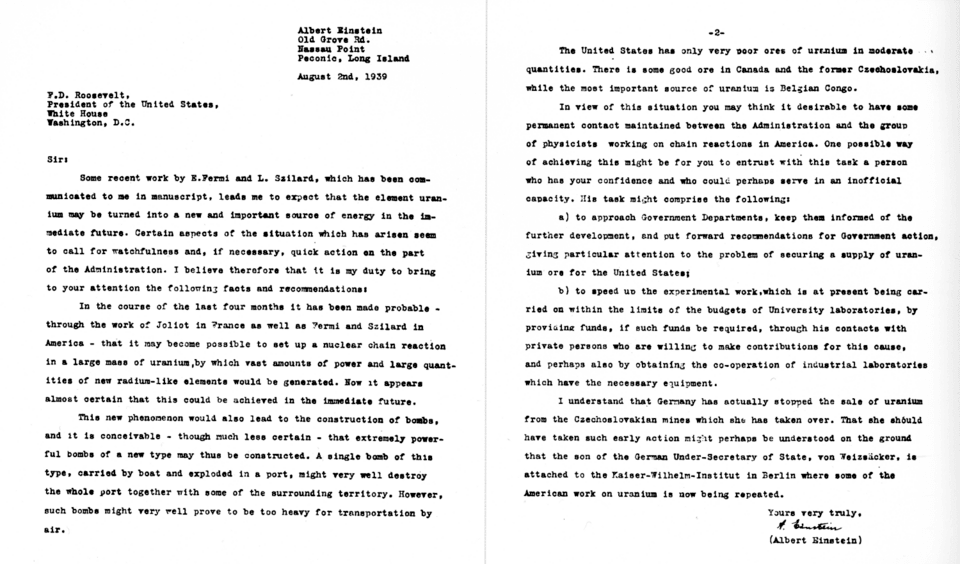 Einstein-Szilard letter to President Roosevelt, August 2, 1939