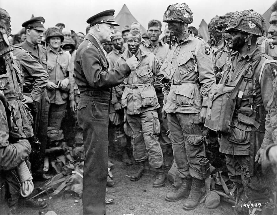 General Eisenhower speaking with airborne soldiers of the 101st Airborne Division before D-Day on June 5, 1944