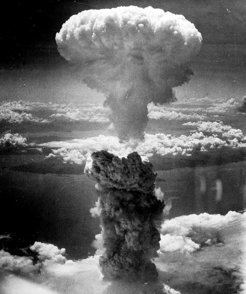 mushroom cloud over Nagasaki taken from Koyagi-jima Island on August 9, 1945