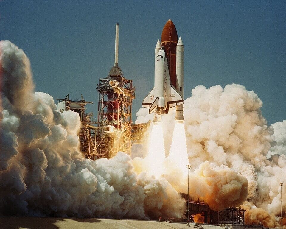 Space Shuttle Challenger launch, January 28, 1986, moments before the O-ring failure