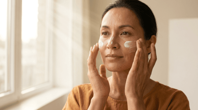 Woman applying mineral sunscreen by a sunlit window