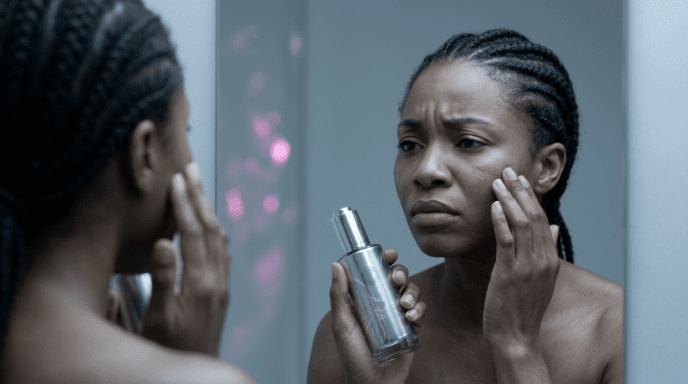 Woman examining her unchanged skin in a mirror after applying an expensive exosome serum