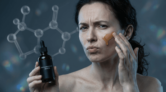 Woman frustrated as thick NAD+ serum sits on her skin surface