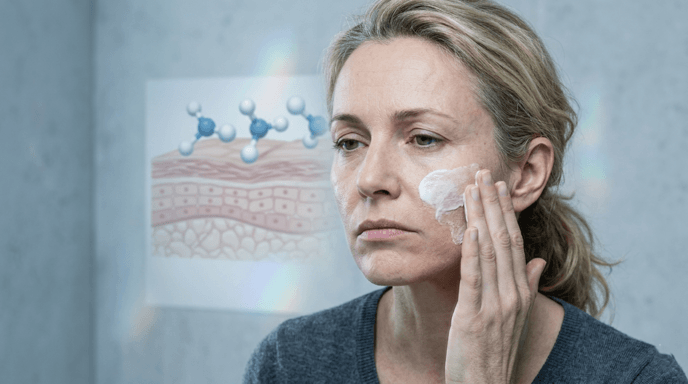 Woman looking at her reflection with resignation as thick collagen cream sits on her skin surface